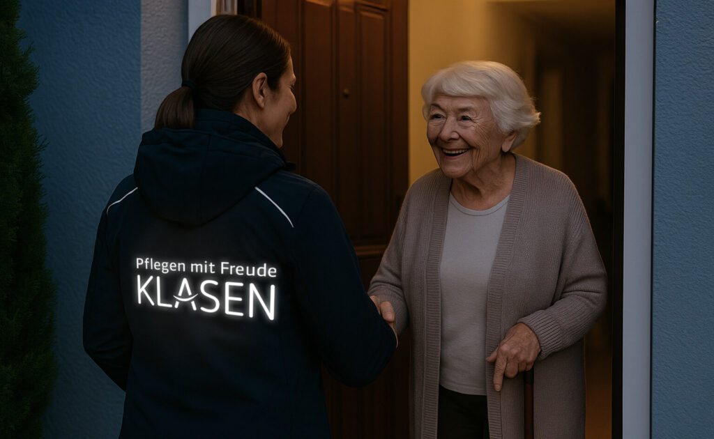 Pflegekraft mit navyfarbener Jacke ‚Pflegen mit Freude – KLASEN‘ schüttelt einer lachenden Seniorin an der Haustür die Hand; warmer Flur im Hintergrund, Stock in ihrer Hand.