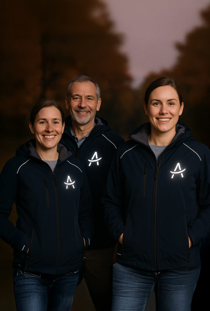 Zwei Frauen und ein Mann posieren lächelnd nebeneinander; dunkelblaue Softshell-Jacken mit reflektierendem A-Logo, herbstlicher Hintergrund.