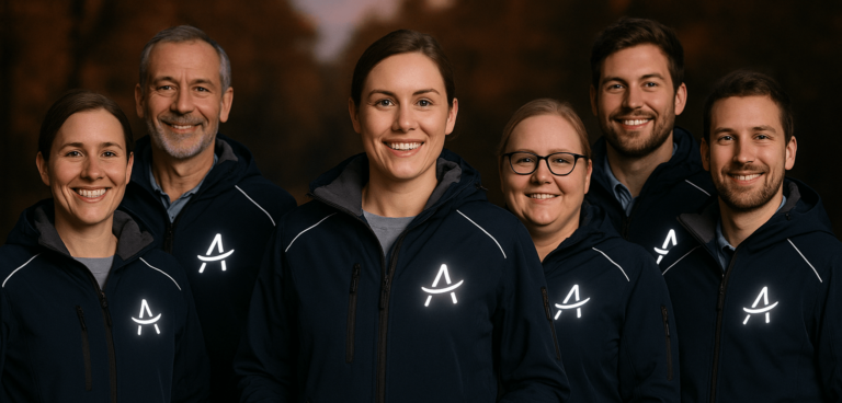 Sechsköpfiges Team in navyfarbenen Jacken mit auffälligem, reflektierendem A-Symbol; alle blicken lächelnd in die Kamera, Hintergrund in herbstlichen Brauntönen.