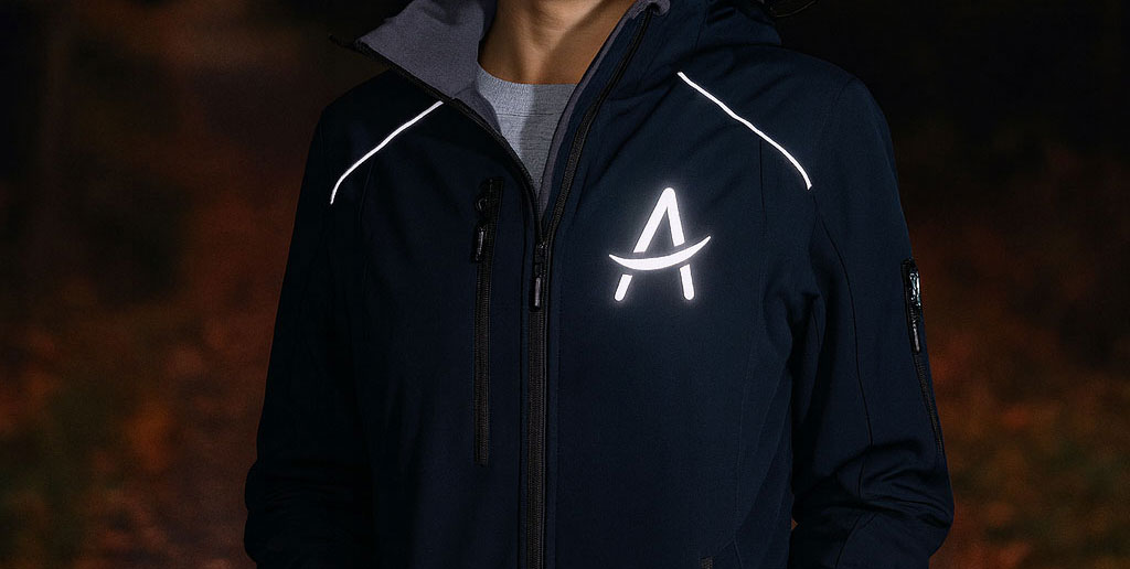 Detailaufnahme: Person trägt eine navyfarbene Softshell-Jacke mit deutlich reflektierendem A-Symbol auf der linken Brust, weißen Schulterpaspeln und vertikalen Reißverschlusstaschen; warmer, leicht herbstlicher Hintergrund.