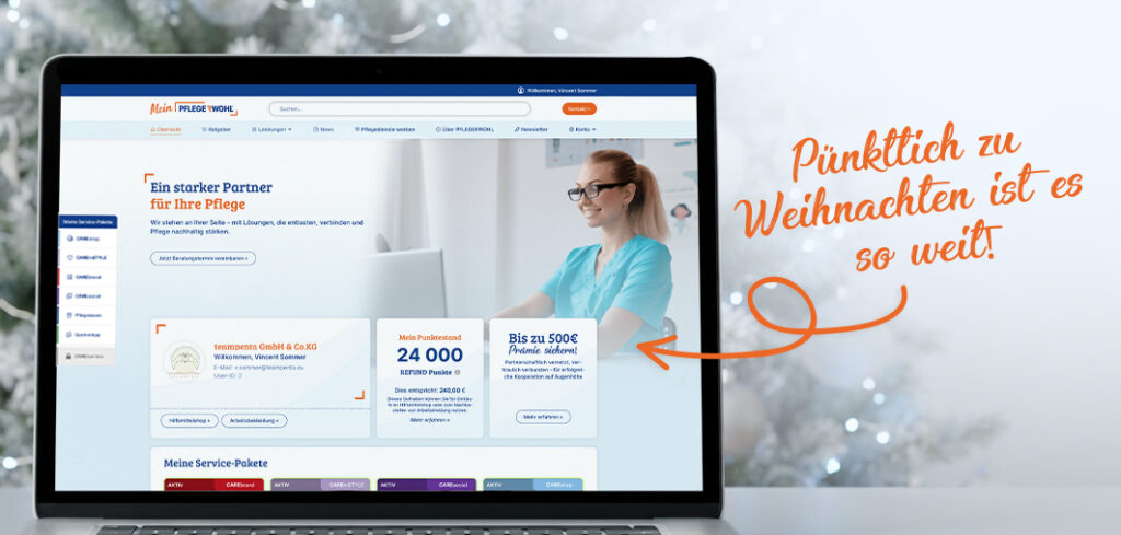 Screenshot der Webseite „Mein Pflegewohl“ auf einem Laptop: Digitale Plattform für Pflege-Services mit persönlichem Punktestand, Prämienübersicht und Service-Paketen. Rechts daneben weihnachtliche Gestaltung mit Text „Pünktlich zu Weihnachten ist es so weit“ – Online-Portal für Pflegekräfte und Pflegeeinrichtungen.