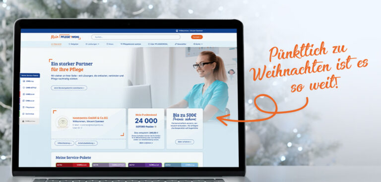 Screenshot der Webseite „Mein Pflegewohl“ auf einem Laptop: Digitale Plattform für Pflege-Services mit persönlichem Punktestand, Prämienübersicht und Service-Paketen. Rechts daneben weihnachtliche Gestaltung mit Text „Pünktlich zu Weihnachten ist es so weit“ – Online-Portal für Pflegekräfte und Pflegeeinrichtungen.