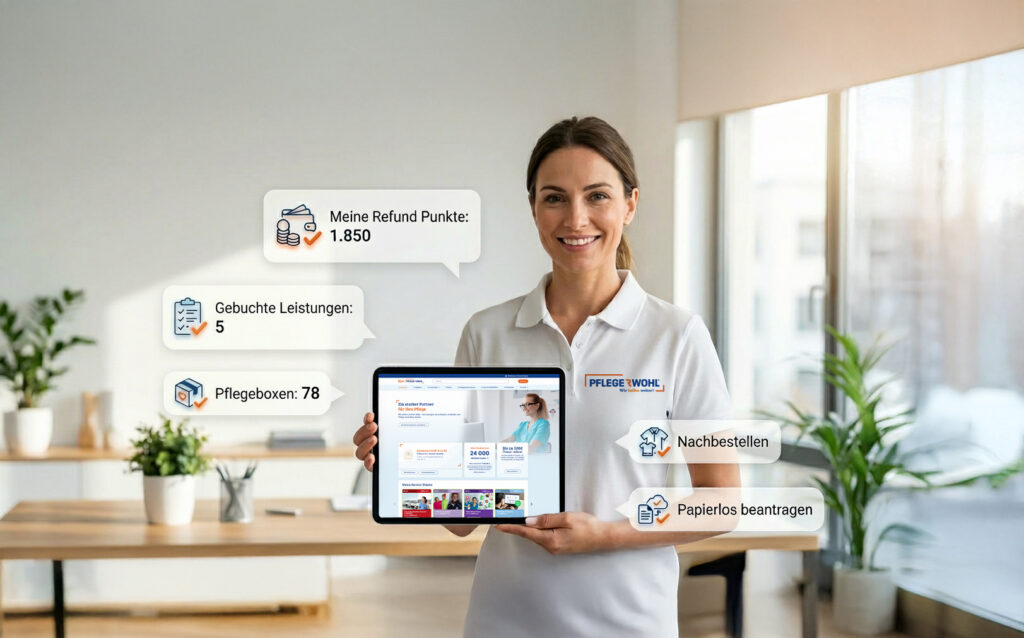 Pflegeberaterin der Plattform „Pflegewohl“ präsentiert ein Tablet mit dem Online-Dashboard: Übersicht zu gebuchten Pflegeleistungen, Pflegeboxen und gesammelten Refund-Punkten. Digitale Pflegeplattform für Pflegekräfte und Pflegeeinrichtungen mit einfacher Nachbestellung und papierloser Beantragung.